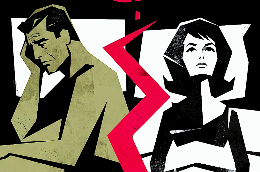 Illustration of a man and woman separated by a red jagged line, representing divorce